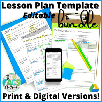 Preview of Lesson Plan Template Editable Bundle Daily Weekly and Unit Print or Google Slide
