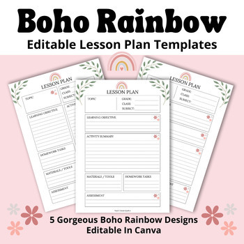 Preview of Lesson Plan Template | Editable Lesson Plan Template | Printable | Boho Rainbow