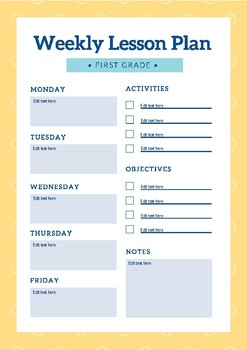 Preview of Lesson Plan Template First Grade (Editable)
