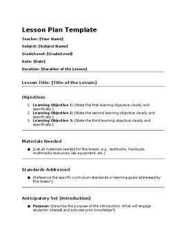 Preview of Lesson Plan Template Teachers or Student Teachers