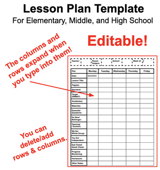 Preview of Lesson Plan Template for Elementary, Middle and High School - Editable