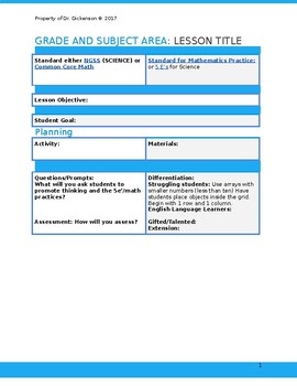 Preview of Lesson Plan Template for Math and Science