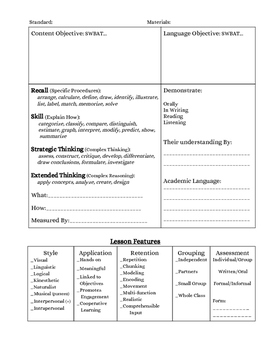 Preview of Lesson Plan Template with Objective Builder and Learning Styles