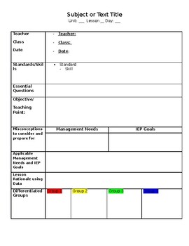 Lesson Plan Template with Special Education adaptations TPT