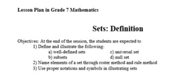 Preview of Lesson Plan on Definition of Sets