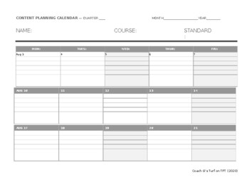 Lesson Planning Calendar - Quarter 1 by Coach G's Turf | TPT