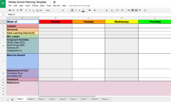 Preview of Lesson Planning Template on Google Sheets