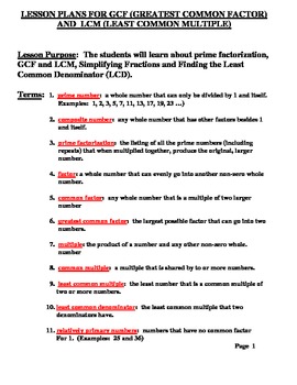 Preview of Lesson Plans for GCF, LCM, LCD, Fractions to lowest term