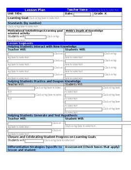 Preview of Lesson plan template based on Marzano's Framework