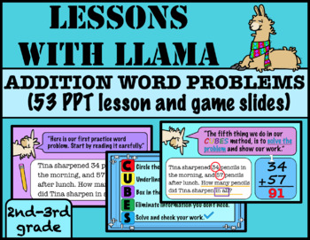 Preview of Lessons with Llama: Solving Addition Word Problems with the CUBES method PPT