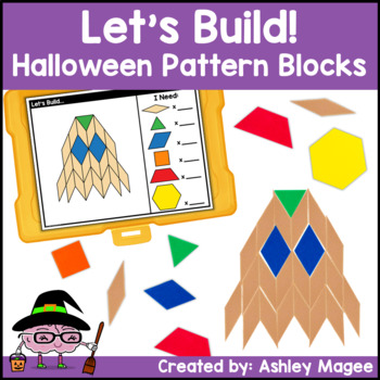 Preview of Let's Build - Halloween Pattern Block Mats and Task Cards Center with Writing