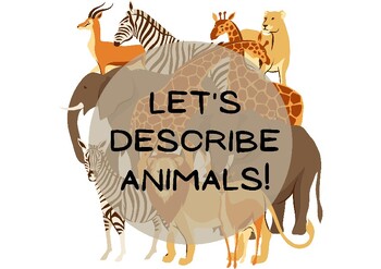 Preview of Let's Describe Animals! Animal Adjective Cue Cards in English and Spanish