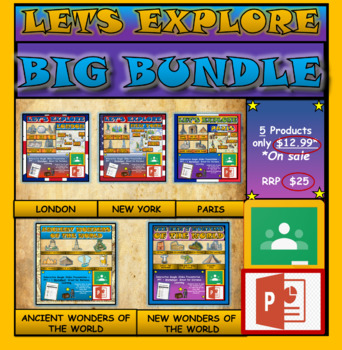 Preview of Let's Explore Landmarks: Big Bundle: 5 Google Slides Presentations + Worksheets