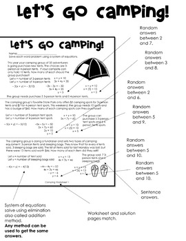 Preview of Linear System of Equations: Let's Go Camping! Worksheets+Solutions Set 1 Bundle