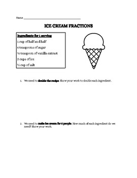 Preview of Let's Make Ice Cream! Math Fractions Handout  4th-6th grades