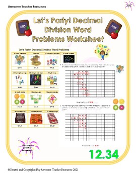 Preview of Let’s Party! Decimal Division Word Problems Worksheet