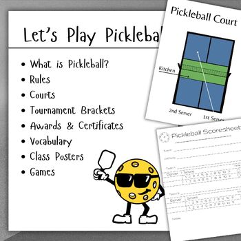 Preview of Let's Play Pickleball Packet with Rules Vocabulary Awards and Games for PE