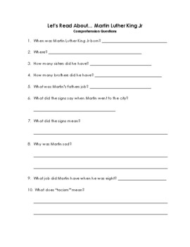 Preview of Let's Read About.... Martin Luther King, Jr Comprehension Questions