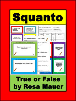 Preview of Let's Read About Squanto True or False Task Cards & Worksheet