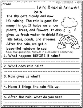 Reading Comprehension Worksheets For First Grade By Angie's Creative Corner