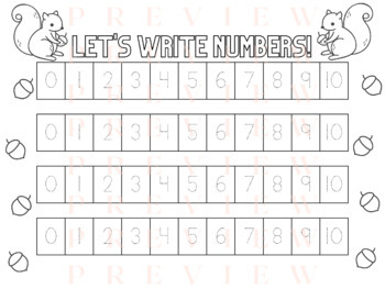 Preview of Let's Write Numbers! Number 0 - 10 | 10 - 20 Trace | Acorn Squirrel Acorn | Teen