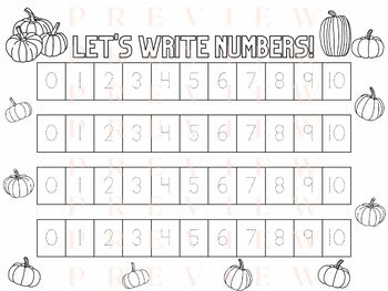 Preview of Let's Write Numbers! Numbers 0 - 10 Handwriting NoPrep | Tracing | Pumpkins Fall