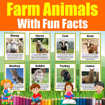 Let's learn about Farm Animals . 16 Flash cards with fun Facts for kids
