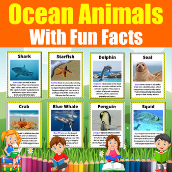 Let's learn about Ocean Animals . 16 Flash cards with fun Facts for kids