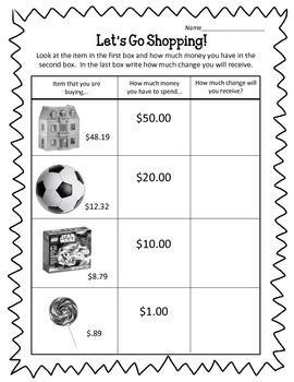 lets go shopping adding subtracting moneyfinding changeworksheets