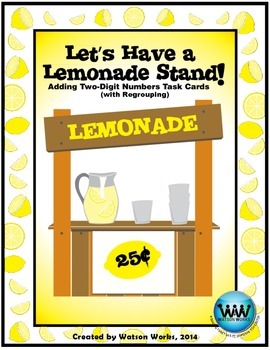Preview of Let's Have a Lemonade Stand! Adding Two-digit Numbers Task Cards (w/ Regrouping)