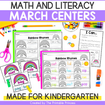 Preview of March Literacy Centers and Math Centers for Kindergarten
