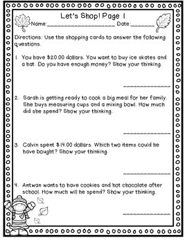 let s shop an adding money center and worksheets for 2nd or 3rd grade