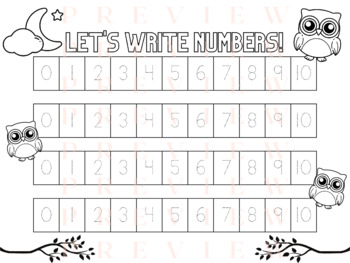 Preview of Lets Write Numbers! Numbers 0 - 10 | 10 - 20 Handwriting Data| Trace | Owl Teen