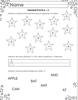Preview of Letter A Practice Star Worksheet
