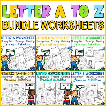 Preview of Letter A to Z Worksheets Bundle: Letter Recognition, Tracing, Find and Coloring