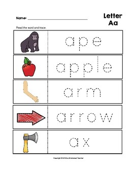 letter aa trace the words worksheets preschoolkindergarten tpt