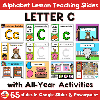 Preview of Letter C Lesson, Review & Activity Teaching Slides in Powerpoint & Google Slides