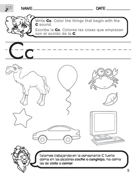 letter c sound worksheet with instructions translated into