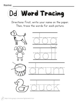 Letter D Words Tracing Worksheet by High Street Scholar Boutique