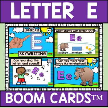 Preview of Letter E Alphabet Name and Beginning Sound BOOM CARDS™ Errorless Movement