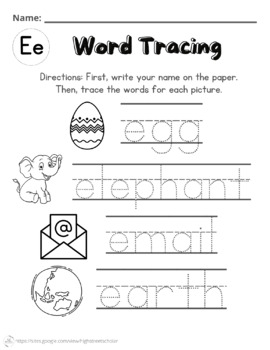 Letter E Words Tracing Worksheet by High Street Scholar Boutique