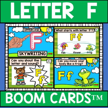Preview of Letter F Alphabet Name and Beginning Sound BOOM CARDS™ Errorless Movement