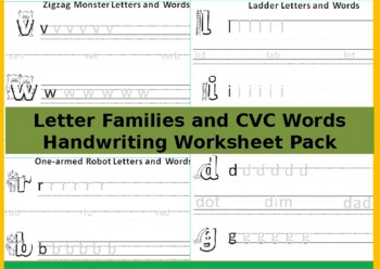Preview of Letter Families and CVC Words Handwriting Worksheet Pack