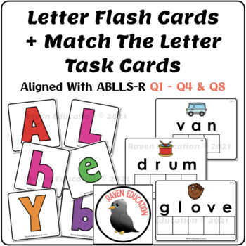 Preview of Letter Flash Cards & Match The Letter Task Cards (Aligned With ABLLS-R Q1-4, Q8)