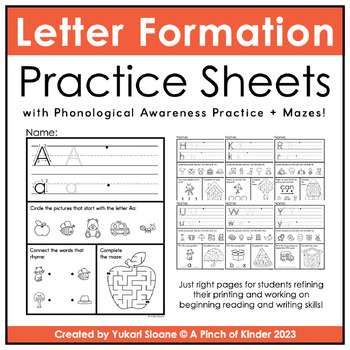 Preview of Letter Formation Practice Sheets with Phonological Awareness Practice + Mazes!