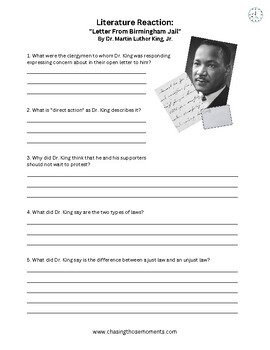 Preview of Letter From Birmingham Jail - Literature Reaction Worksheet