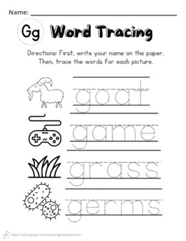 Letter G Words Tracing Worksheet by High Street Scholar Boutique
