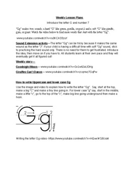 Preview of Letter G, number 7 weekly lesson plan