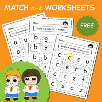 Preview of Letter Matching Worksheets, Matching letters, Matching Lowercase Alphabet (Free)