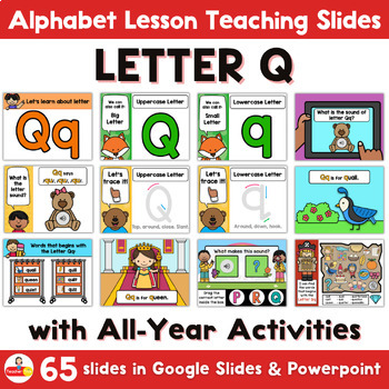 Preview of Letter Q Lesson, Review & Activity Teaching Slides in Powerpoint & Google Slides